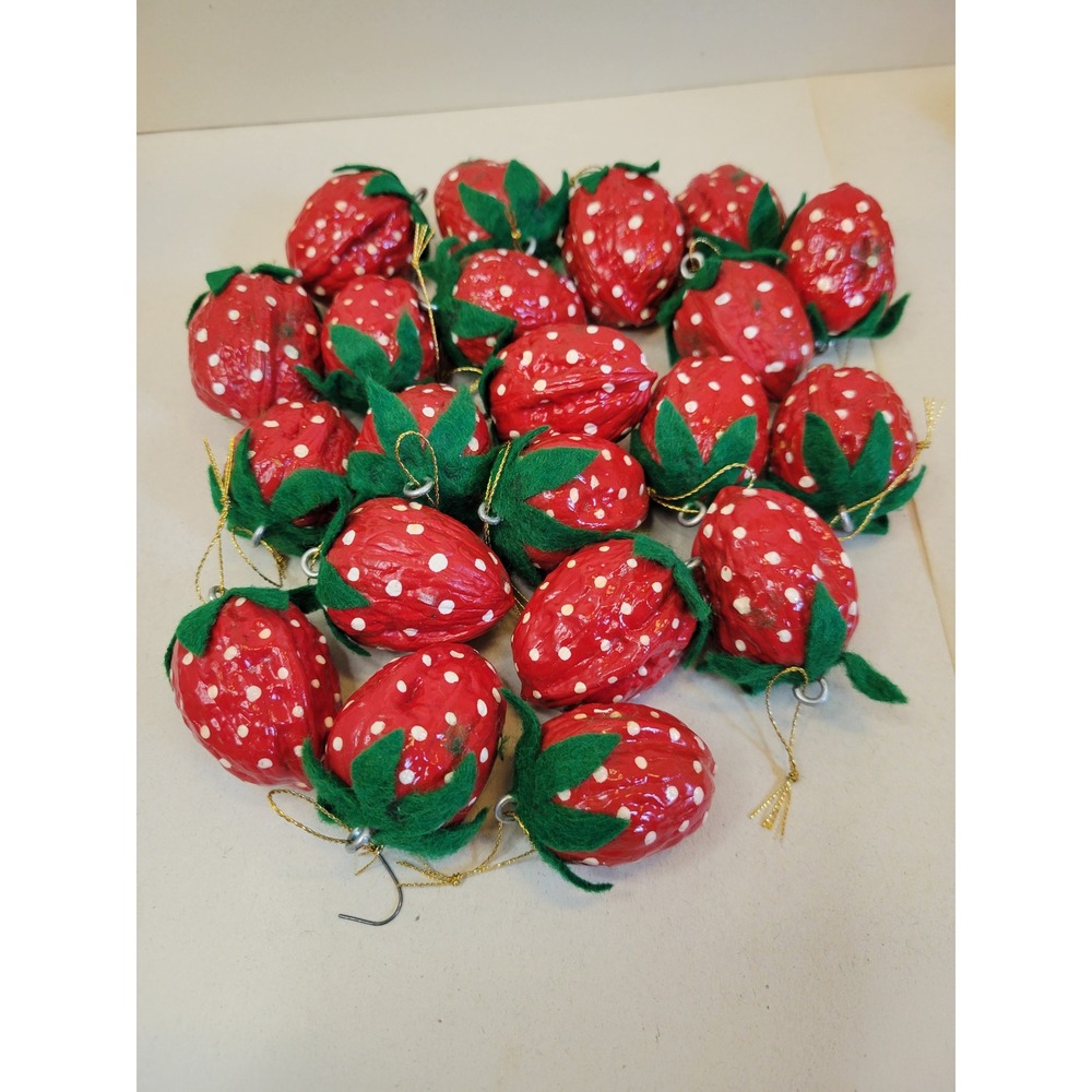 Vintage Walnut Shell Strawberry Ornaments Red Polka Dot Cottagecore Set of 20